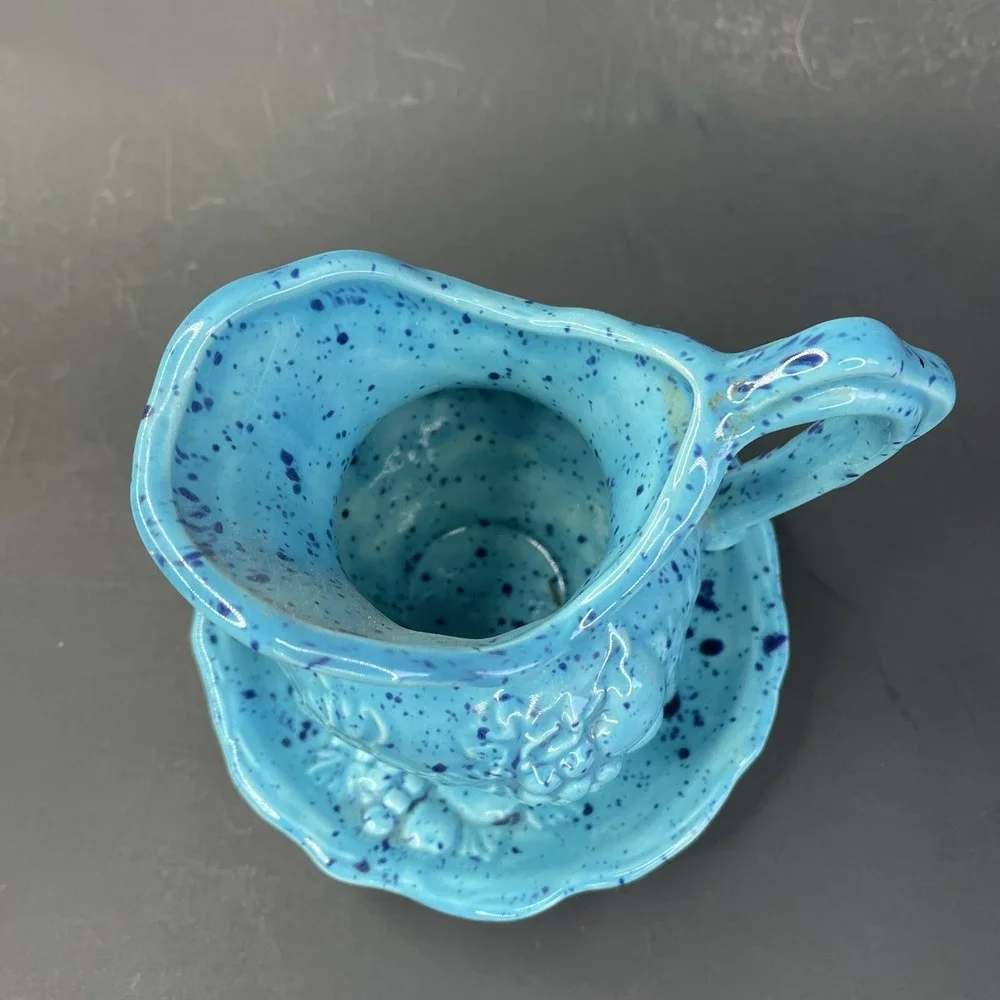 Vtg Blue Speckled Small Pitcher‎ and Bowl Set Grapes Fruit Marked DJ 3-1-73